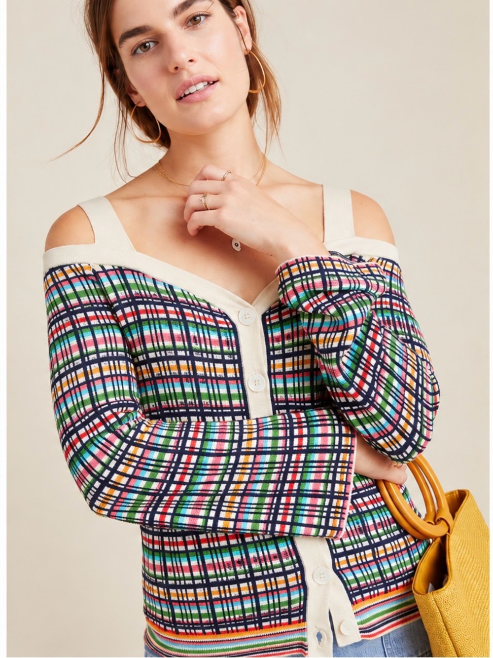 Maeve Anthropologie Plaid Knit Cold Shoulder Button Front Top Multicolor XS